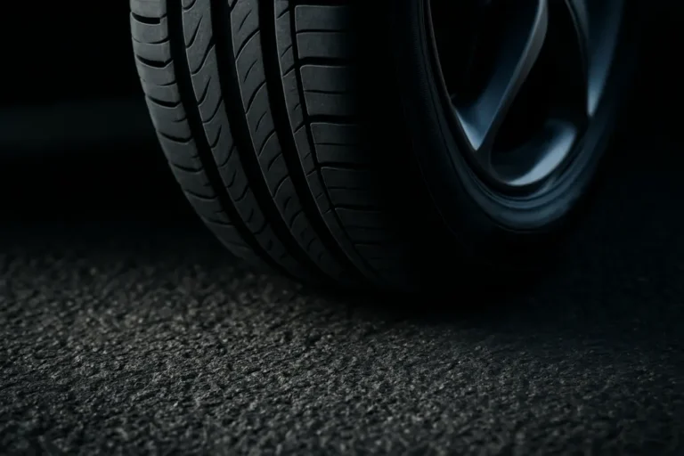 Close-up photograph of a single newly mounted car tire in smooth contact with coarse asphalt, showing flexible tread texture and realistic lighting emphasizing ease of steering after a tire change.
