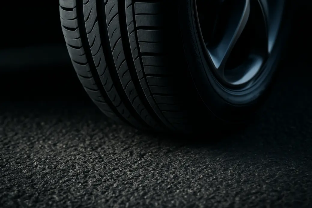 Close-up photograph of a single newly mounted car tire in smooth contact with coarse asphalt, showing flexible tread texture and realistic lighting emphasizing ease of steering after a tire change.
