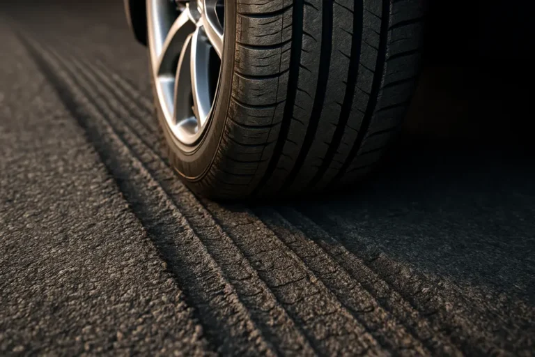 Close-up macro photo of a car front tire mounted on an asphalt road. The tire's vulcanized rubber is in direct contact with the coarse asphalt surface showing clear rut formations. Dramatic side lighting highlights tread details and rim reflections, capturing the interaction between tire and road.