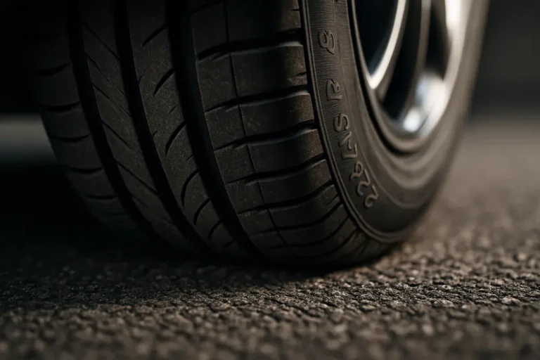 Close-up macro photograph of a single 225/45 R18 car tire mounted on a vehicle, showing detailed tire tread and rubber texture in contact with an asphalt road surface.