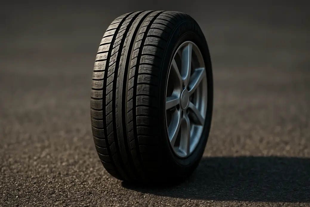 Macro close-up photo of a mounted 205 55 R16 car tire pressed firmly against coarse asphalt, showcasing detailed rubber tread texture and the contact patch with the road surface, shallow depth of field blurring the neutral background.