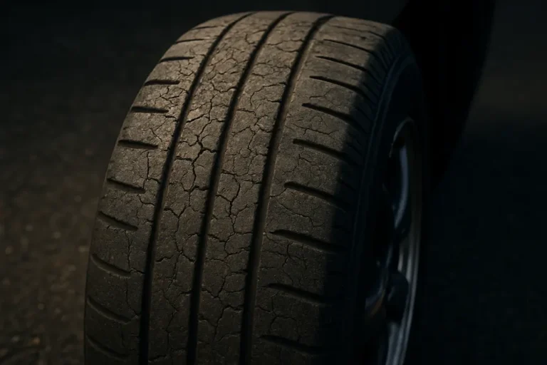 Close-up macro photo of a single car tire mounted on a vehicle showing clear wear, cracks, and deformations on the vulcanized rubber surface with coarse asphalt background.