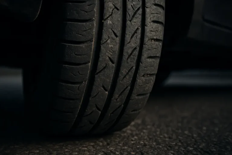 Macro photo of a worn car tire mounted on a vehicle showing tread details and minor damage, positioned against a coarse asphalt surface