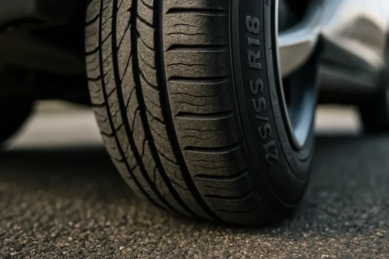 Macro close-up of a single 215/55 R18 car tire mounted on a vehicle, showing detailed rubber texture, tread pattern, and subtle deformation at the contact patch with a coarse asphalt surface, with the car softly blurred in the background.
