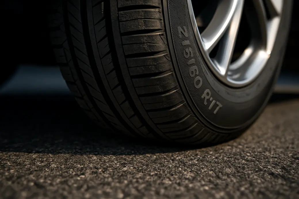 Macro photograph of a single 215/60 R17 car tire with detailed tread pattern and sharp contact with coarse asphalt surface, showing correct tire pressure through physical tread contact