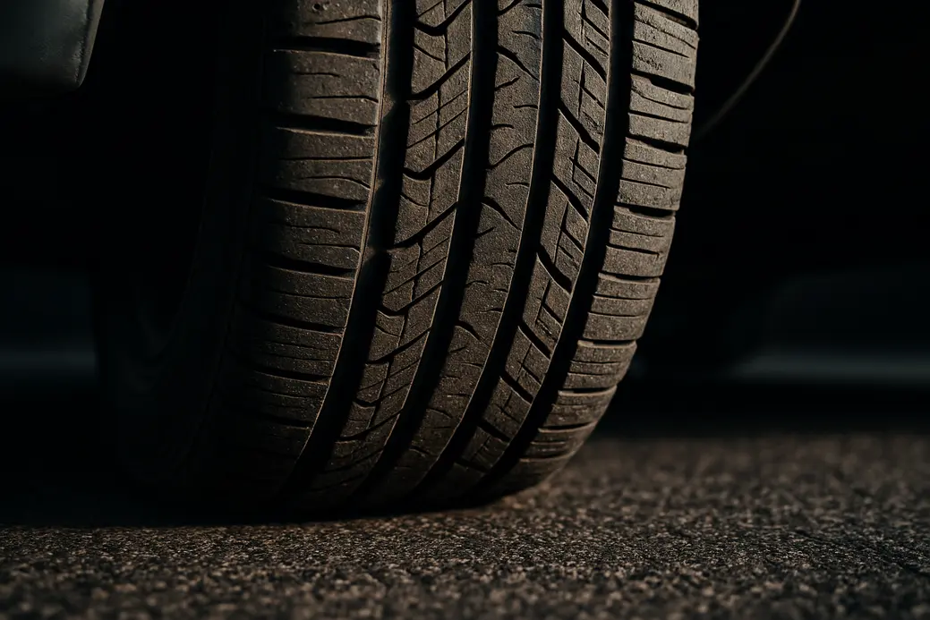Macro close-up of a single 225/60 R17 tire mounted on a car, showing detailed rubber tread and the tire's contact area with coarse asphalt, emphasizing grip and pressure distribution.