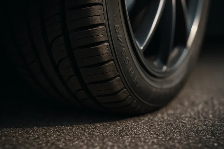 Macrofotografie van een enkele autoband 245/45 R19 gemonteerd aan een auto, met zichtbare rubbertextuur en profilering, scherpe focus op de contactzone met het asfalt die de juiste bandenspanning visualiseert.