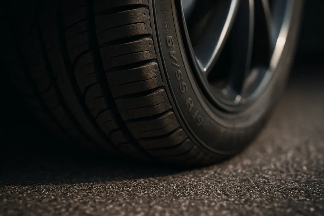 Macrofotografie van een enkele autoband 245/45 R19 gemonteerd aan een auto, met zichtbare rubbertextuur en profilering, scherpe focus op de contactzone met het asfalt die de juiste bandenspanning visualiseert.