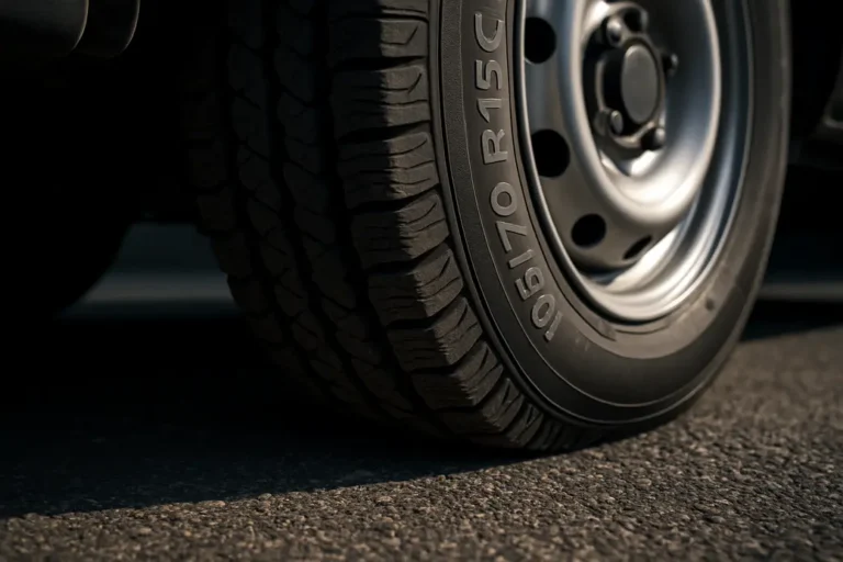 Macro photo of a single 195/70 R15C car tire mounted on a car, showing clear contact patch with coarse asphalt surface, highlighting the rubber tread texture and proper tire pressure through visible deformation