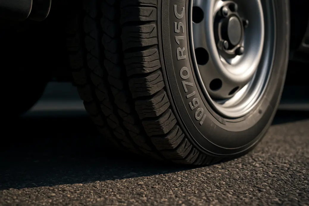 Macro photo of a single 195/70 R15C car tire mounted on a car, showing clear contact patch with coarse asphalt surface, highlighting the rubber tread texture and proper tire pressure through visible deformation