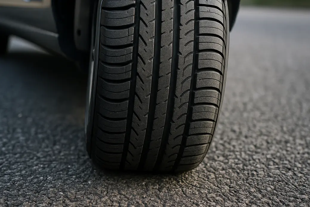 Close-up photo of a single car tire mounted on a vehicle, showing the rubber texture and the tire's contact patch with asphalt on a realistic street background.