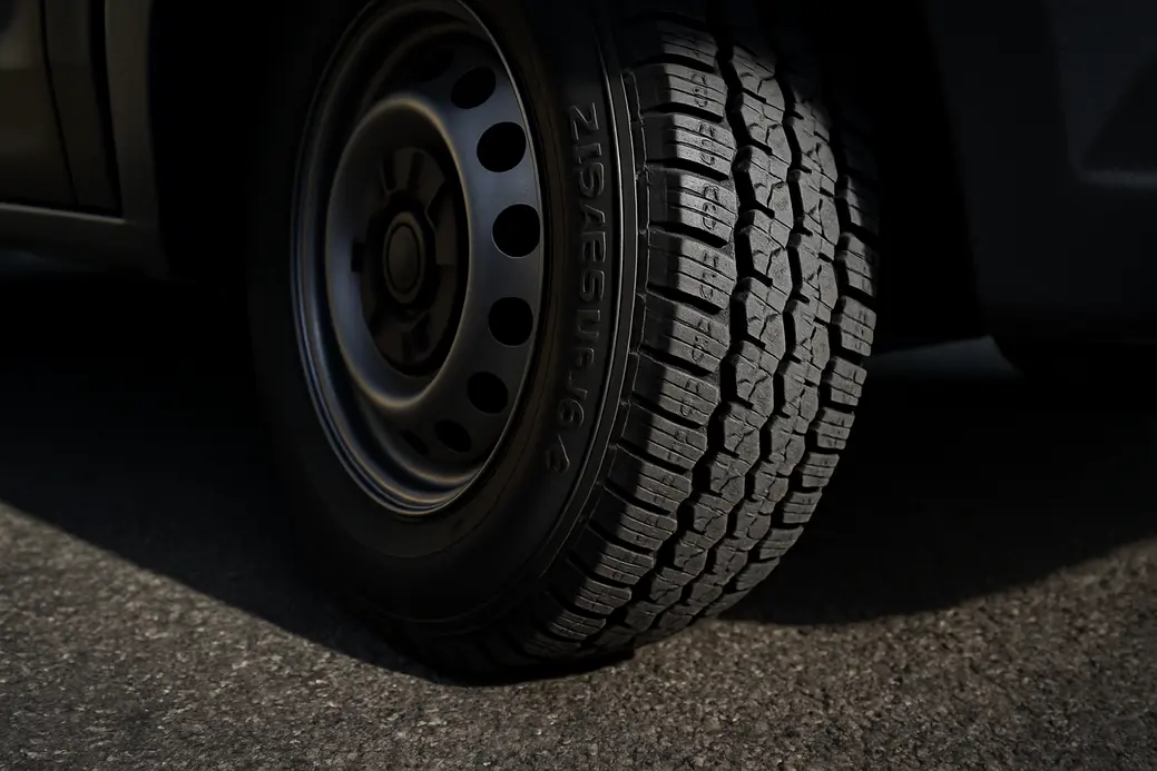Close-up macro photo of a single 215/65 R16C commercial van tire mounted on a vehicle, showing detailed tread and firm contact with asphalt surface