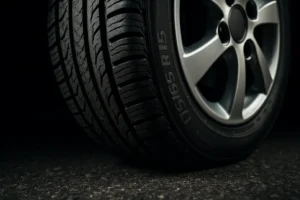 Macro close-up photo of a single 175/65 R15 car tire mounted on a rim, showing detailed rubber texture and tread pattern in contact with coarse asphalt, highlighting subtle tension-induced deformation of the tire surface.