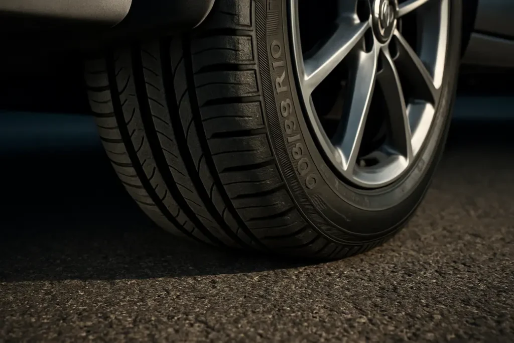 Close-up low-angle photo of a single summer tire 205/55 R16 mounted on a car, showing clear rubber texture and tread pattern in contact with coarse asphalt, illustrating correct tire pressure and contact patch.