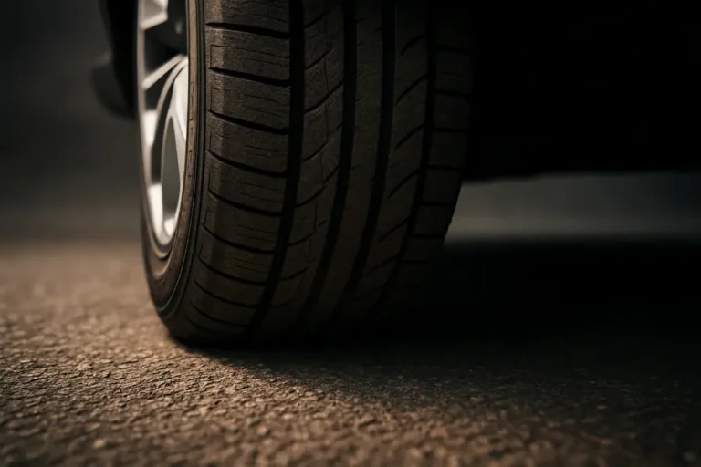 Close-up low-angle photo of a single car tire mounted on a vehicle, showing subtle deformation and contact with coarse asphalt to illustrate grip and rolling resistance during a sudden maneuver.