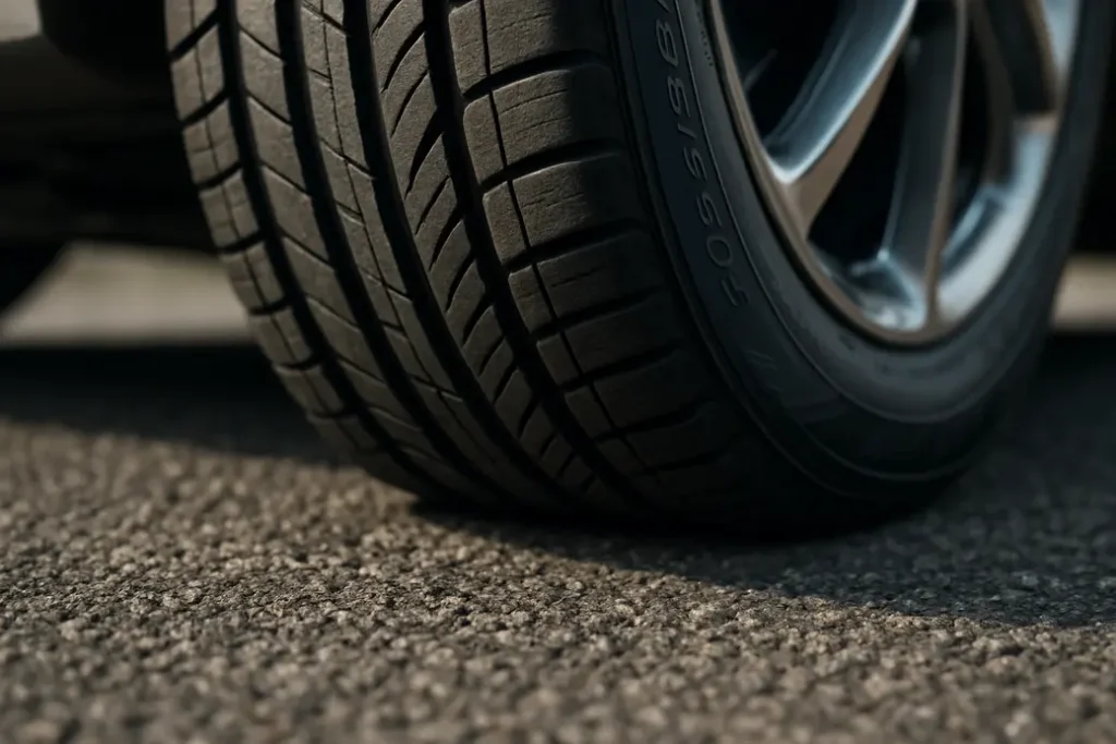 Macro close-up photo of a single summer tire 205/55 R16 mounted on a car, showing detailed rubber texture and tire contact with coarse asphalt surface, highlighting correct tire pressure and tread contact.