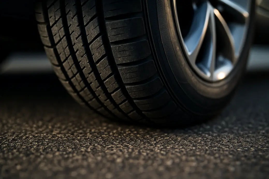 Close-up macro photograph of a single car tire mounted on a car, showing detailed vulcanized rubber tread gripping onto coarse asphalt surface with clear texture and tread pattern, emphasizing the grip and stability of the tire.