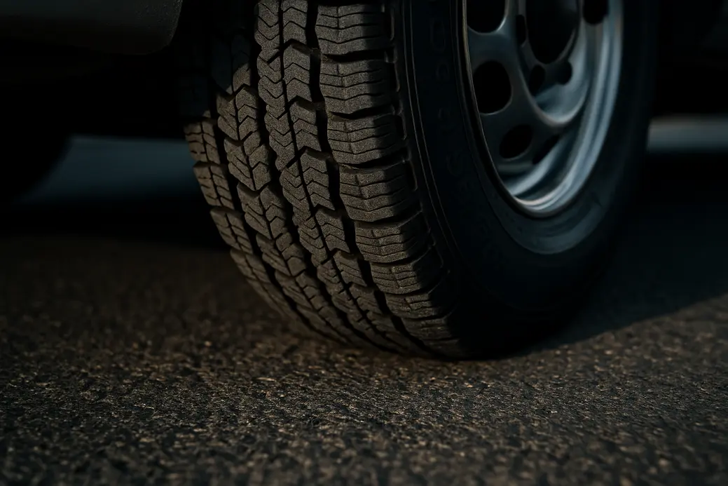 Close-up photo of a single car tire 225/65 R16C mounted on a vehicle, showing detailed tire tread in contact with coarse asphalt surface