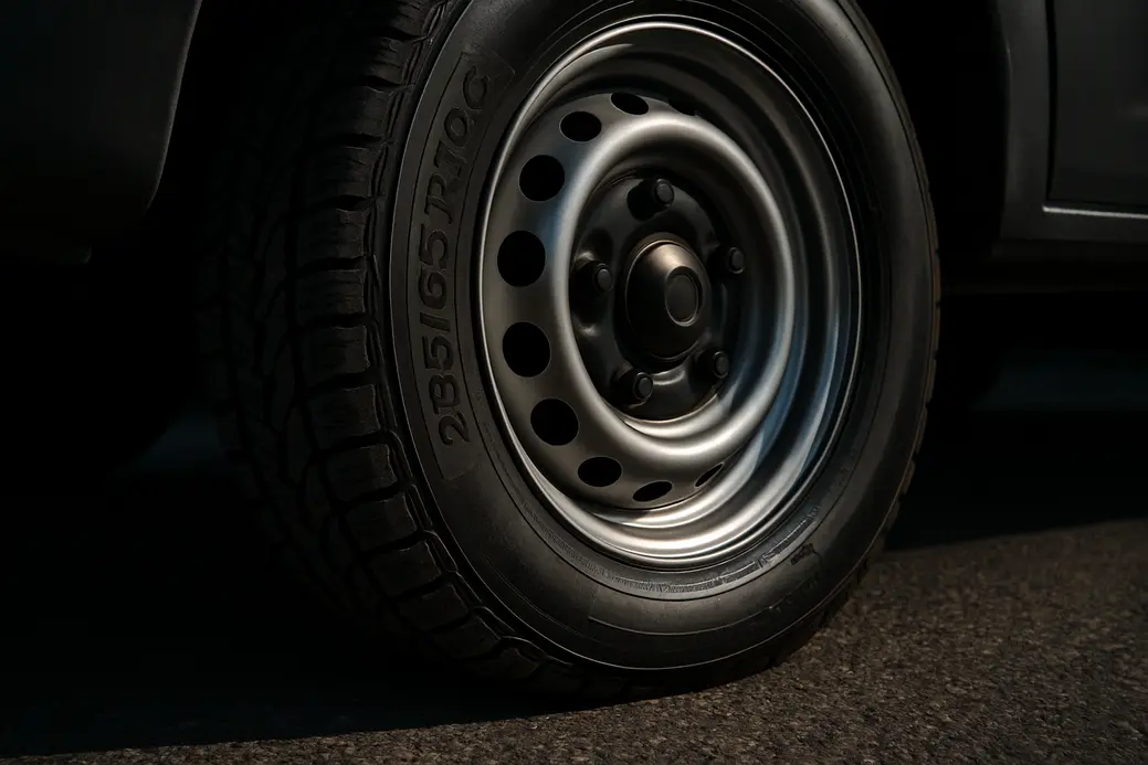 Close-up photograph of a single 235/65 R16C vehicle tire showing detailed vulcanized rubber tread and clear contact patch with coarse asphalt surface, emphasizing correct tire pressure for safety and performance.