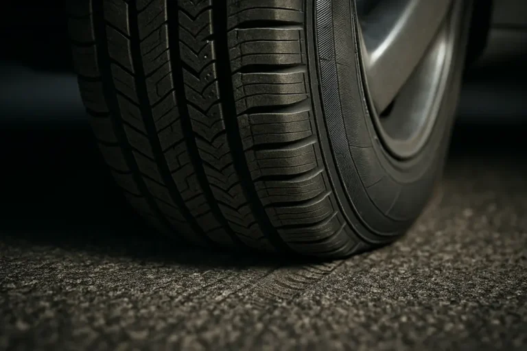 Macro close-up of a single car tire mounted on a vehicle, showing detailed rubber tread patterns and texture, with visible contact and deformation on coarse asphalt surface