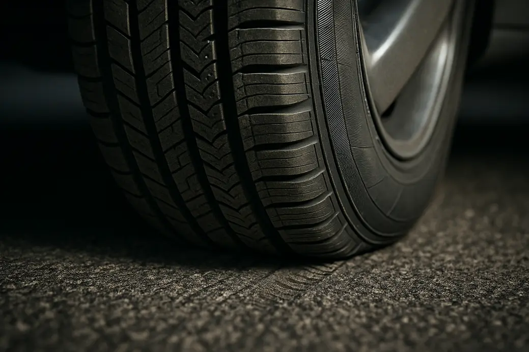 Macro close-up of a single car tire mounted on a vehicle, showing detailed rubber tread patterns and texture, with visible contact and deformation on coarse asphalt surface
