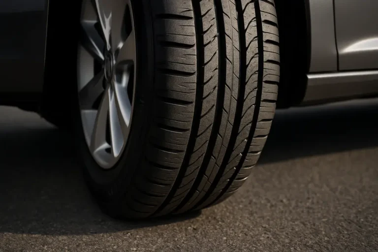 Close-up photograph of a single summer tire 205/55 R16 mounted on a car, showing detailed tread pattern and slightly bulging sidewall indicating correct air pressure, resting on coarse asphalt with sharp focus on the contact patch.