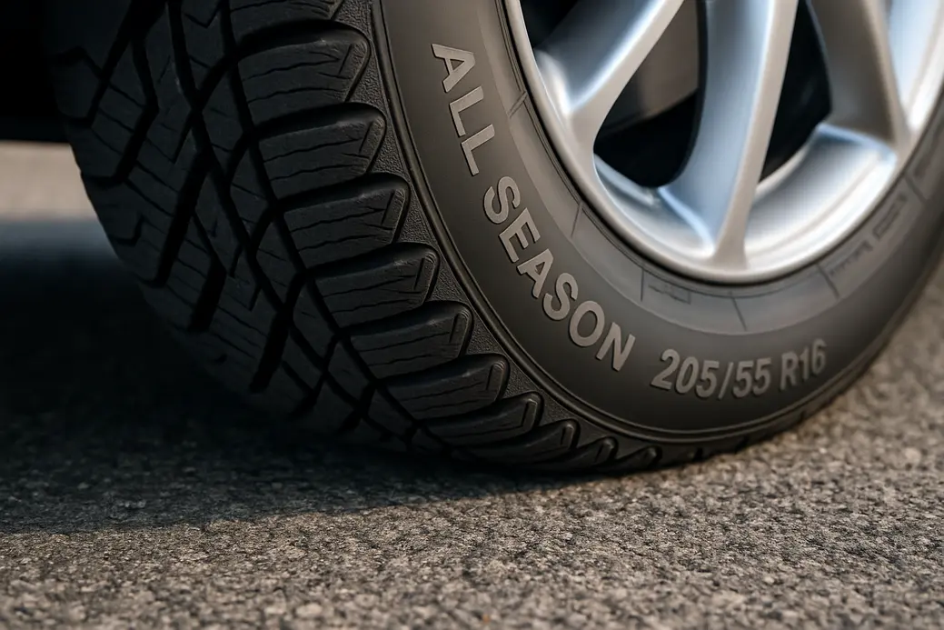 Close-up macro photo of a single all season 205/55 R16 car tire mounted on a vehicle, showing detailed vulcanized rubber deformation at the contact patch with coarse asphalt under realistic lighting conditions