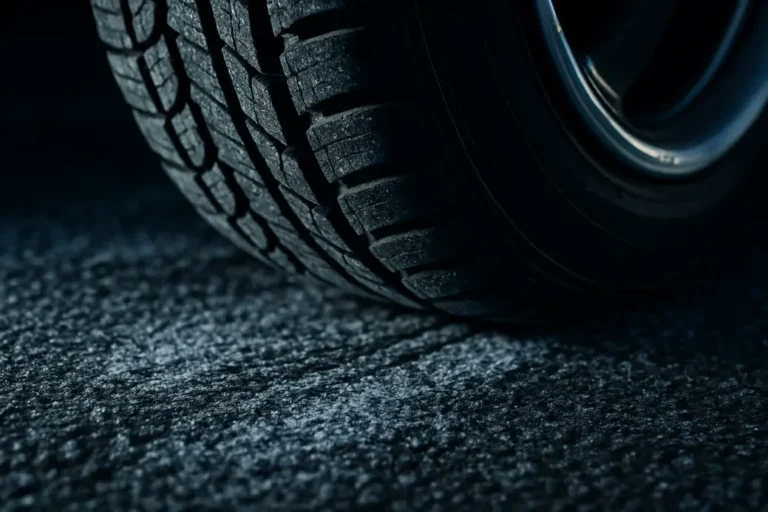 Macrofoto van een enkele autoband gemonteerd op een auto, met focus op het profiel en het rubber in contact met licht bevroren, ijskristallen bevattend asfalt, duidelijk zichtbare texturen en koude weersomstandigheden