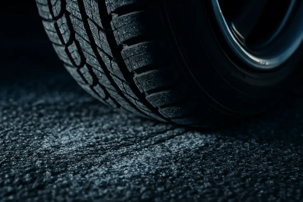 Macrofoto van een enkele autoband gemonteerd op een auto, met focus op het profiel en het rubber in contact met licht bevroren, ijskristallen bevattend asfalt, duidelijk zichtbare texturen en koude weersomstandigheden