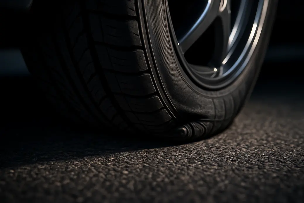 Close-up low-angle photo of a single car tire mounted on a vehicle under heavy load, showing visible deformation of the tire sidewall and tread, with detailed contact patch against coarse asphalt road surface illustrating grip and stability.