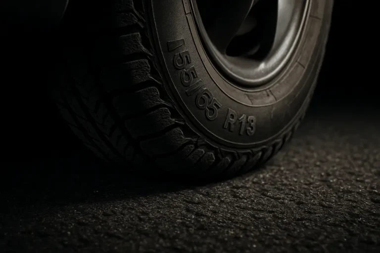Macro photo of a single 155/65 R13 car tire mounted on a vehicle, showing detailed rubber tread making contact with coarse asphalt surface, highlighting optimal tire pressure and contact patch.