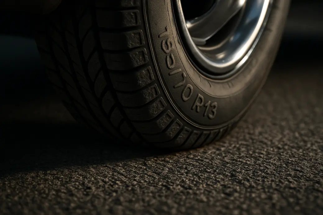 Macro close-up of a single 155/70 R13 car tire mounted on a vehicle, showing visible tread deformation and vulcanized rubber texture at the contact patch with coarse asphalt surface