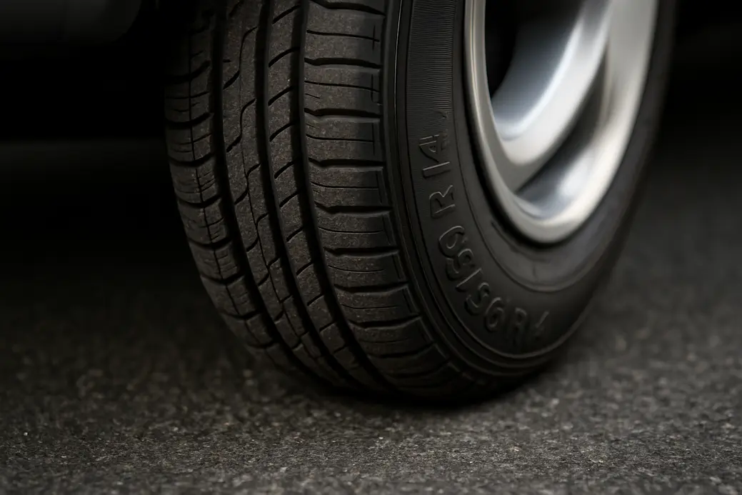 Macrofoto van een correct opgepompte 165/60 R14 autoband gemonteerd op een voertuig, met duidelijke profielcontacten op asfalt en een natuurlijke vorm van de bandwand.