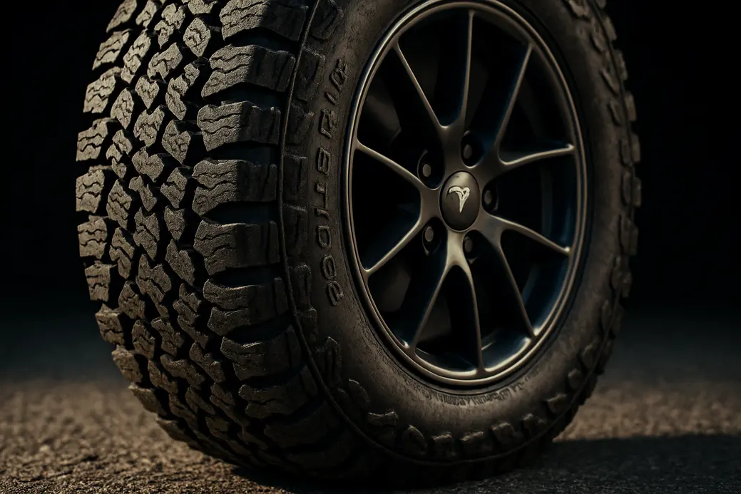 Macro close-up of a single 235/45 R18 off-road tire on a Tesla Model 3 wheel showing subtle tread deformation and realistic asphalt contact, detailed textures and lighting