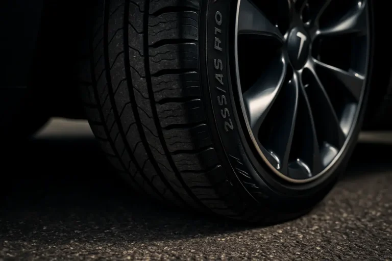 Macro close-up photo of a single Tesla Model Y 255/45 R19 tire showing detailed tread profile and vulcanized rubber texture in contact with coarse asphalt road surface, rim visible with reflections, sharp focused on tire road contact area