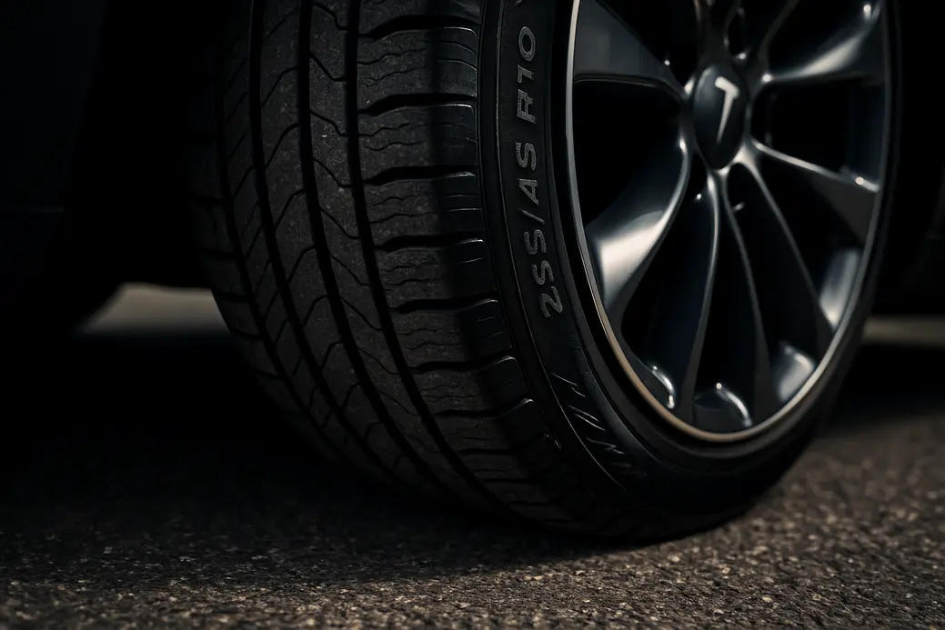 Macro close-up photo of a single Tesla Model Y 255/45 R19 tire showing detailed tread profile and vulcanized rubber texture in contact with coarse asphalt road surface, rim visible with reflections, sharp focused on tire road contact area
