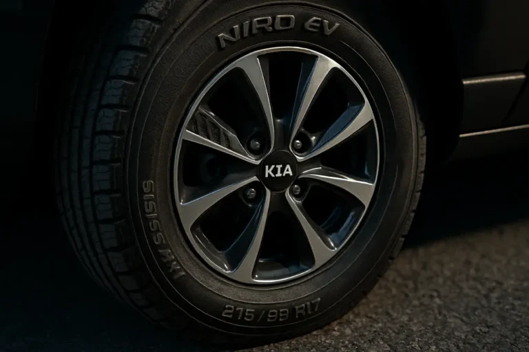 Close-up macro photograph of a single Kia Niro EV tire 215/55 R17 mounted on a car, showing detailed rubber tread and realistic contact with a coarse asphalt surface