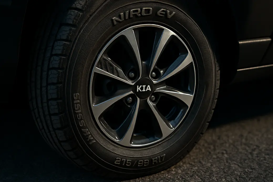 Close-up macro photograph of a single Kia Niro EV tire 215/55 R17 mounted on a car, showing detailed rubber tread and realistic contact with a coarse asphalt surface