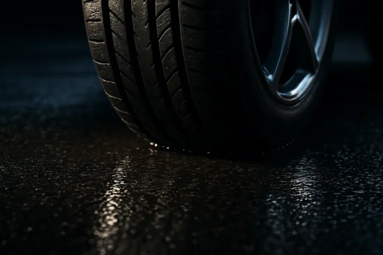 Close-up macro photo of a car tire mounted on a vehicle in contact with wet asphalt, showing detailed rubber tread and water layer on the road surface illustrating grip loss.