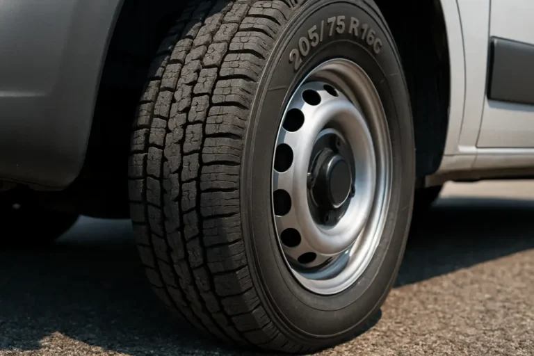 Close-up macro photo of a single 205/75 R16C tire mounted on a light commercial vehicle, showing the vulcanized rubber texture and the tire tread slightly deformed where it contacts the coarse asphalt, illustrating correct tire pressure