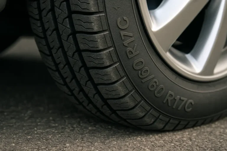 Close-up photograph of a single 215/60 R17C tire mounted on a vehicle, showing detailed tire tread and texture in contact with coarse asphalt surface.