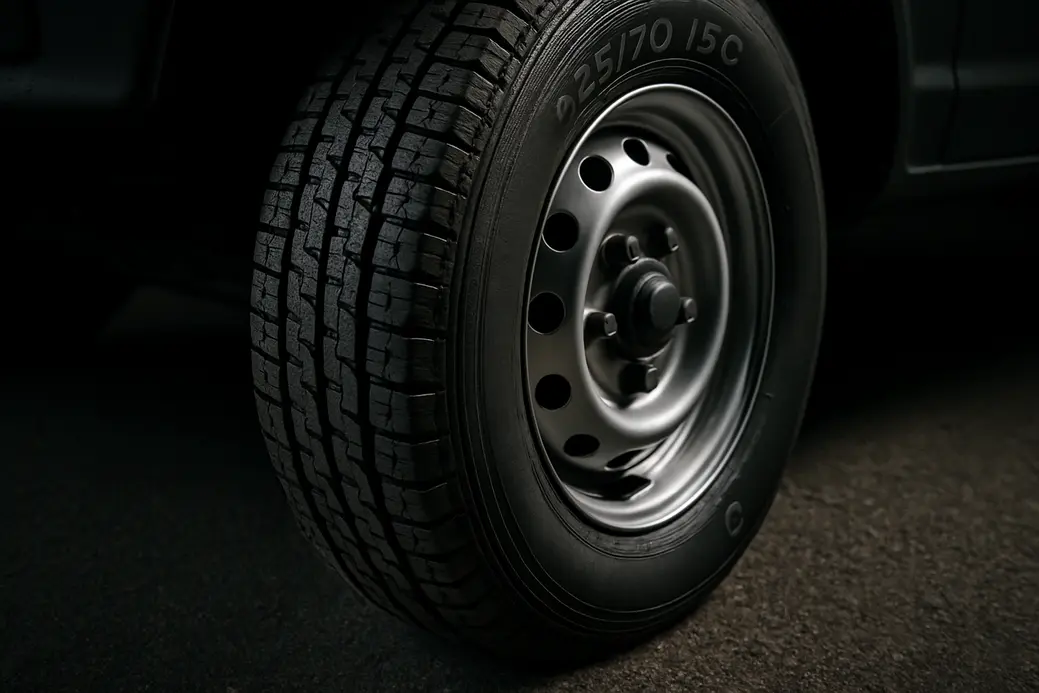 Close-up foto van een gemonteerde 225/70 R15C autoband op een voertuigvelg, scherp zichtbare profieltextuur en robuustheid, asfalt onder de band, deel van voertuig zichtbaar