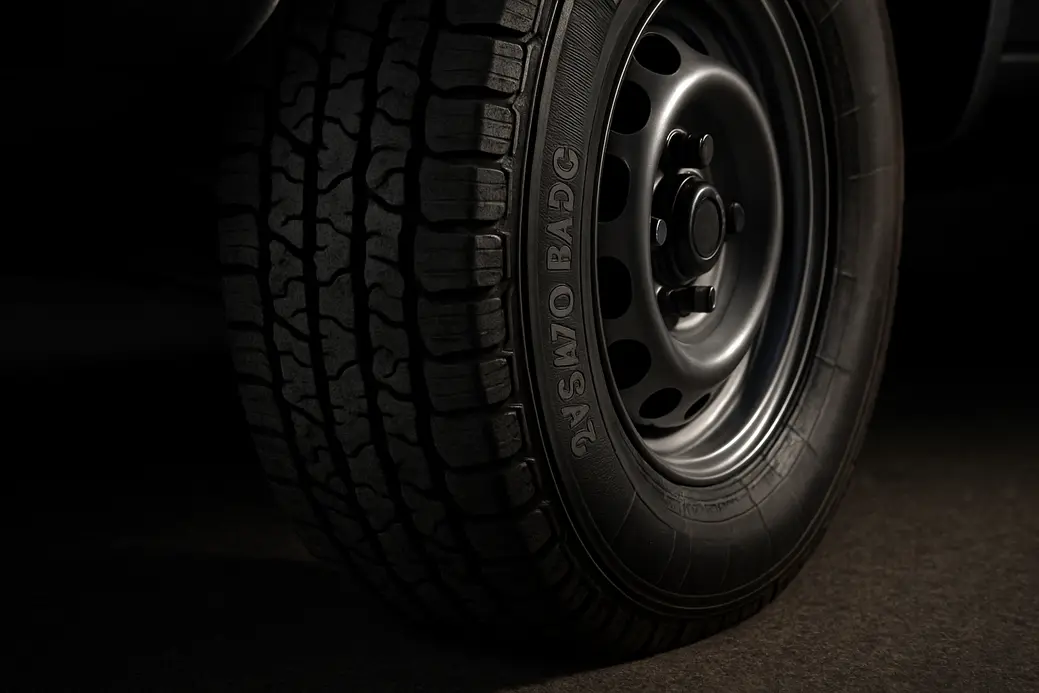 Close-up photo of a single 215/70 R15C car tire mounted on a vehicle, showing detailed tread pattern and correct contact with coarse asphalt surface, highlighting rubber texture and tire profile