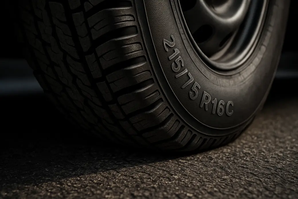 Macro-close-up photo of a single 215/75 R16C tire mounted on a vehicle, showing subtle deformation of vulcanized rubber tread in contact with coarse asphalt, indicating proper tire pressure for safety and ride comfort