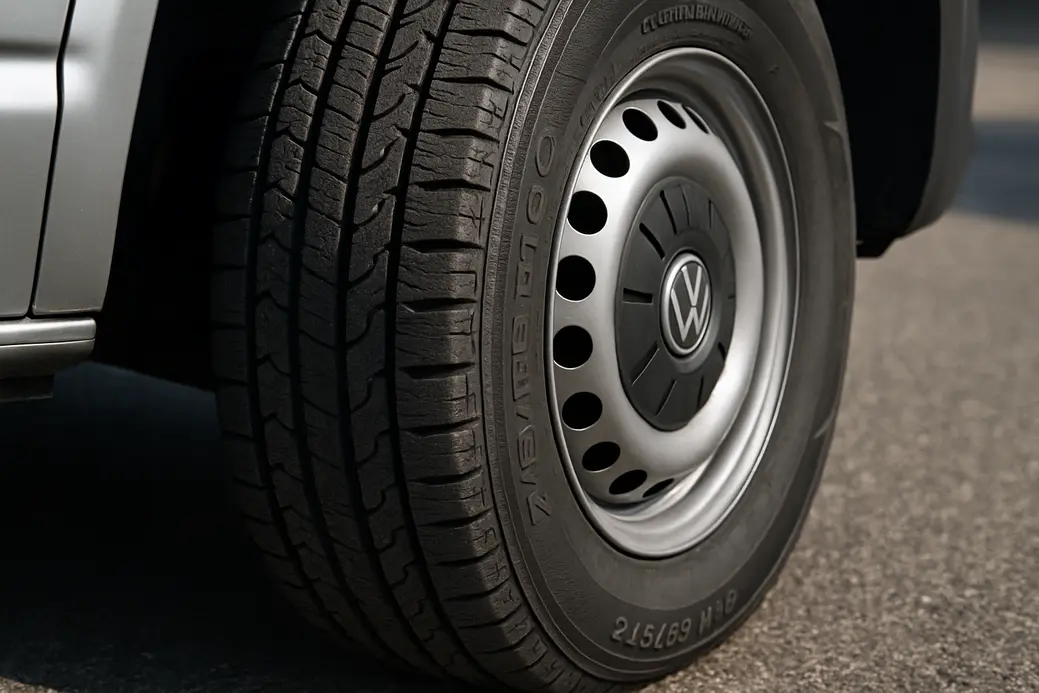 Macrofoto van een enkele VW Transporter band 215/65 R16C, correct opgepompt en gemonteerd op voertuig, met duidelijke rubbertextuur en profiel, liggend op grof asfalt, scherp in beeld met nadruk op contactvlak.