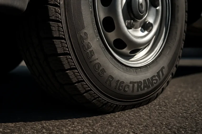 Close-up macro photograph of a Ford Transit 235/65 R16C tire mounted on a vehicle axle, showing subtle tire deformation and detailed tread pattern against a neutral asphalt surface.