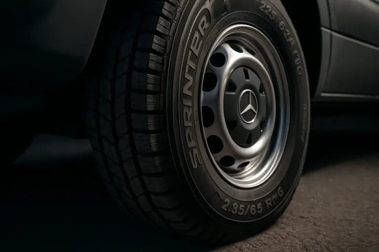 Close-up photo of a single Mercedes Sprinter 235/65 R16C tire mounted on vehicle, showing detailed rubber tread texture and contact with coarse asphalt