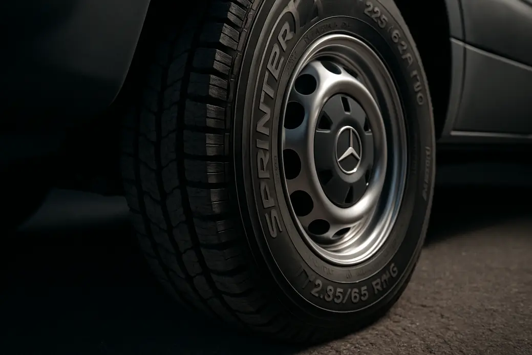 Close-up photo of a single Mercedes Sprinter 235/65 R16C tire mounted on vehicle, showing detailed rubber tread texture and contact with coarse asphalt