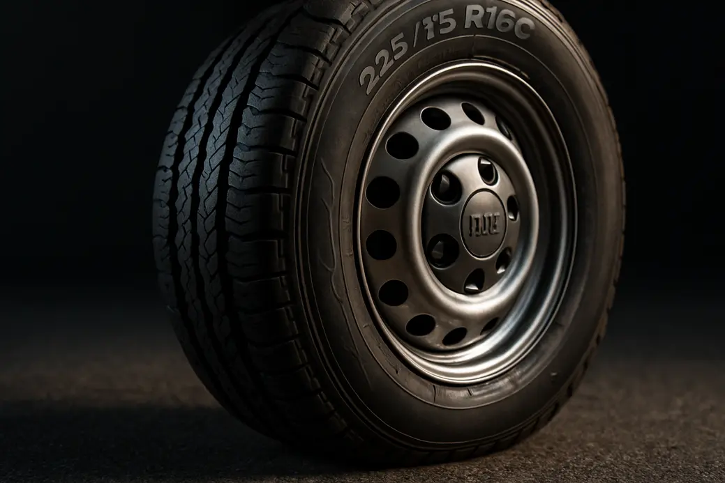 Macro close-up of a single mounted 225/75 R16C tire on a Fiat Ducato rim with visible rubber texture and asphalt contact patch, illustrating correct tire pressure.