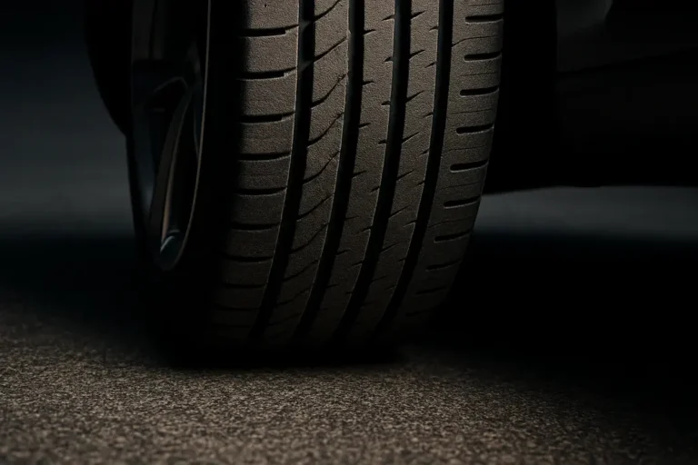Macro close-up photo of a single 235/40 R18 car tire mounted on a vehicle, showing detailed vulcanized rubber texture and tire tread in contact with coarse asphalt road surface, emphasizing safe driving through correct tire pressure